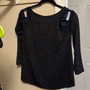 Ann Taylor cold shoulder, black and blue pattern long sleeve shirt